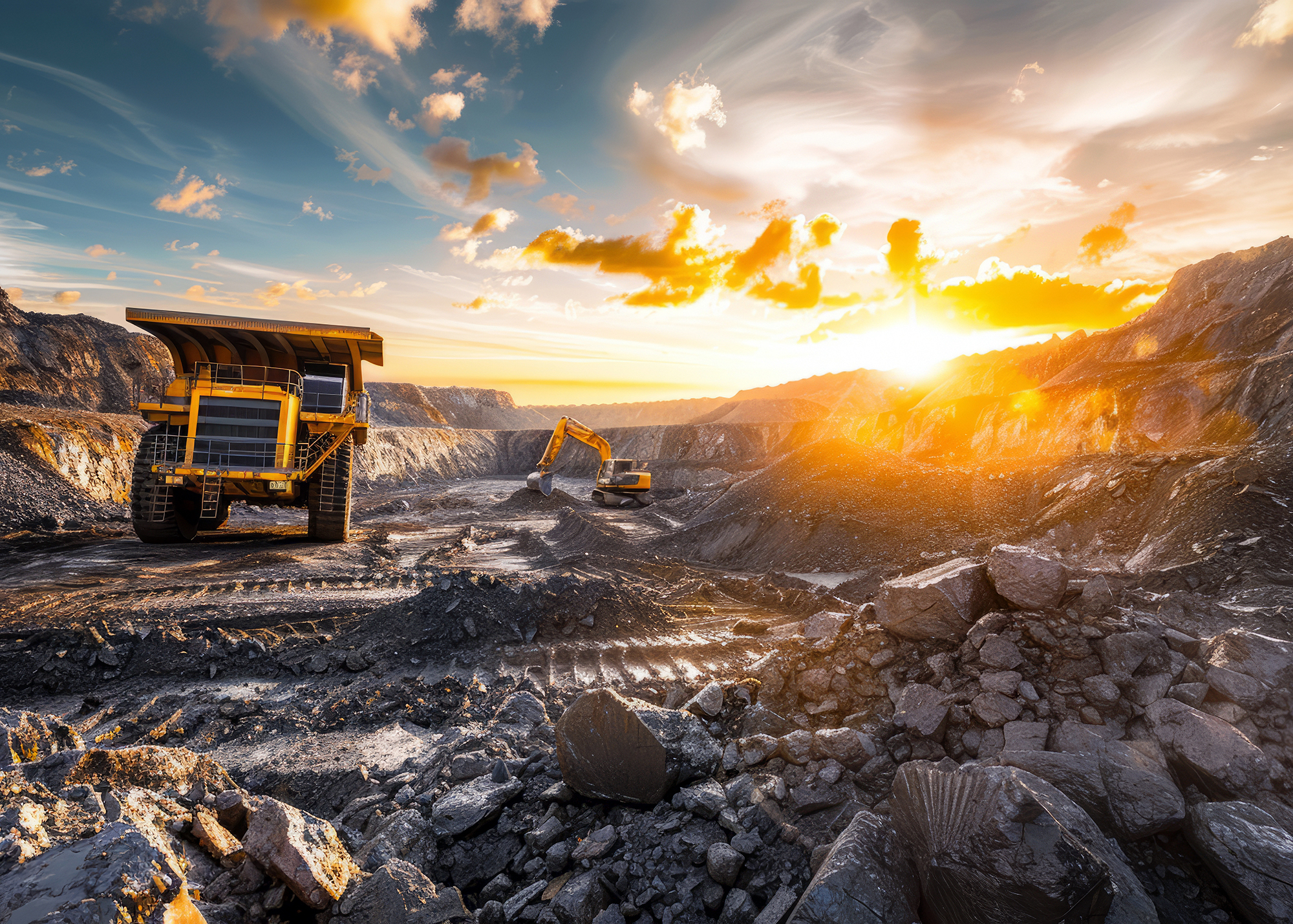 Mining site with heavy machinery sunset excavator dump truck operation
