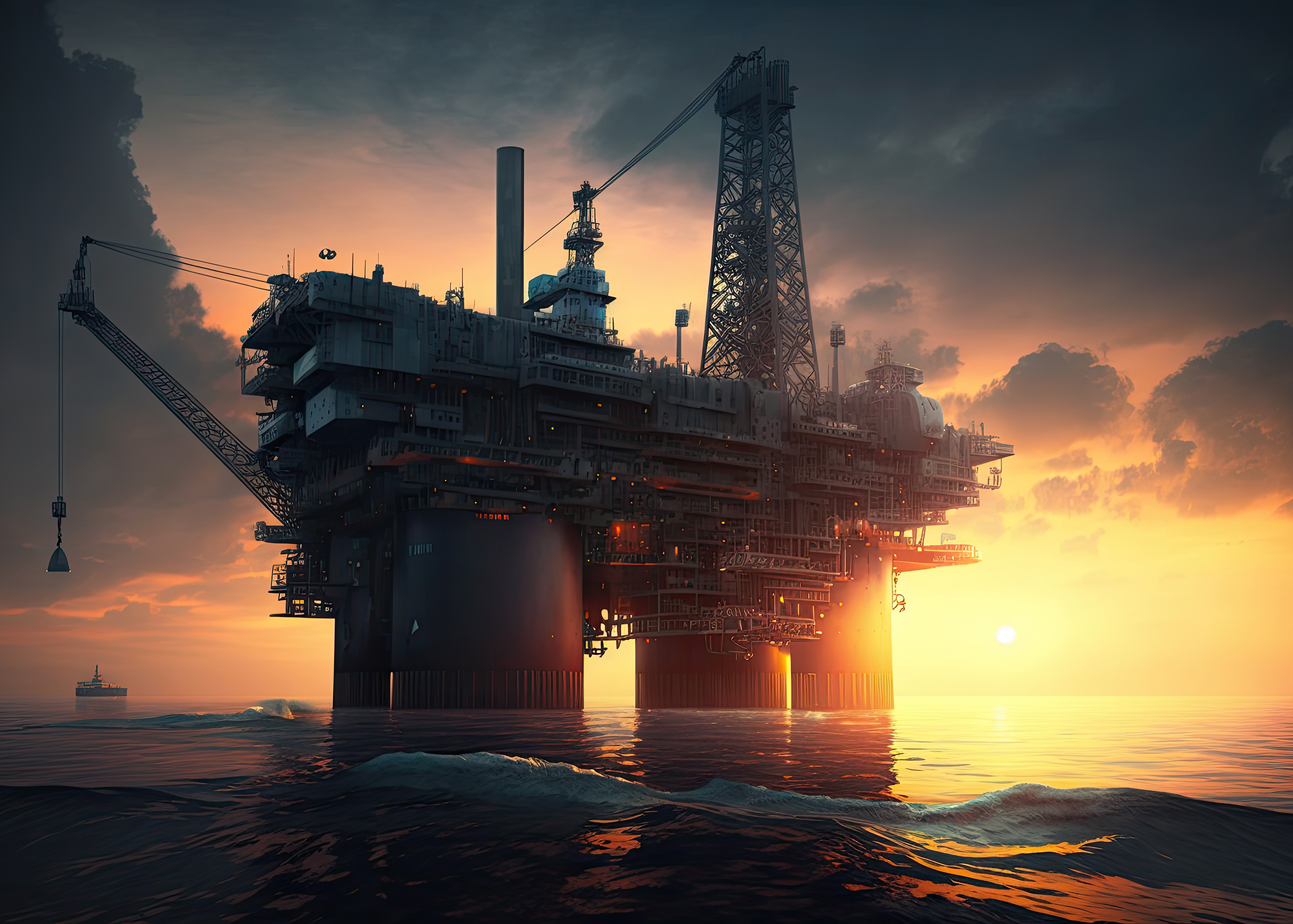 Oil platform ocean with sun setting it